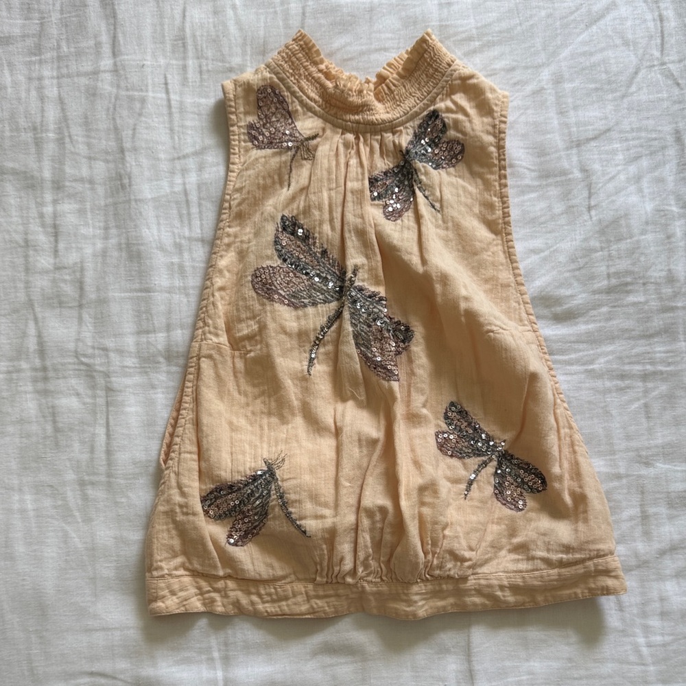 Free People Peach Halter Blouse with Sequin Dragonfly Design